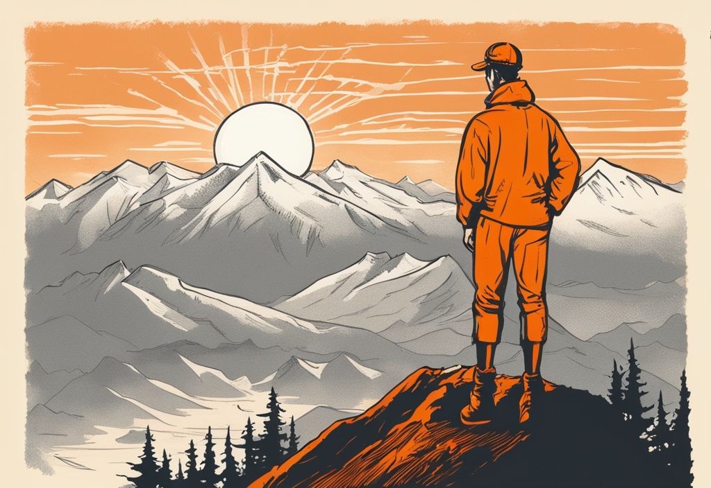 Vintage-Skizzenillustration einer selbstbewussten Person auf einem Berggipfel bei Sonnenaufgang mit einem beliebten Zitat über Selbstvertrauen, Hauptfarbthema Orange.