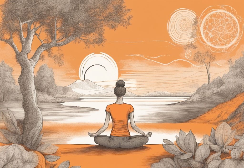 Vintage-Skizzenillustration eines Yoga-Praktizierenden in ruhiger Umgebung mit orangefarbenem Thema und tiefgründigen Yoga-Zitaten im Hintergrund