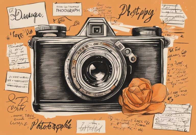 Vintage-Skizzenillustration einer Kamera mit handgeschriebenen, inspirierenden Fotografie Sprüche in Orange, die die Kunst der Fotografie feiern.