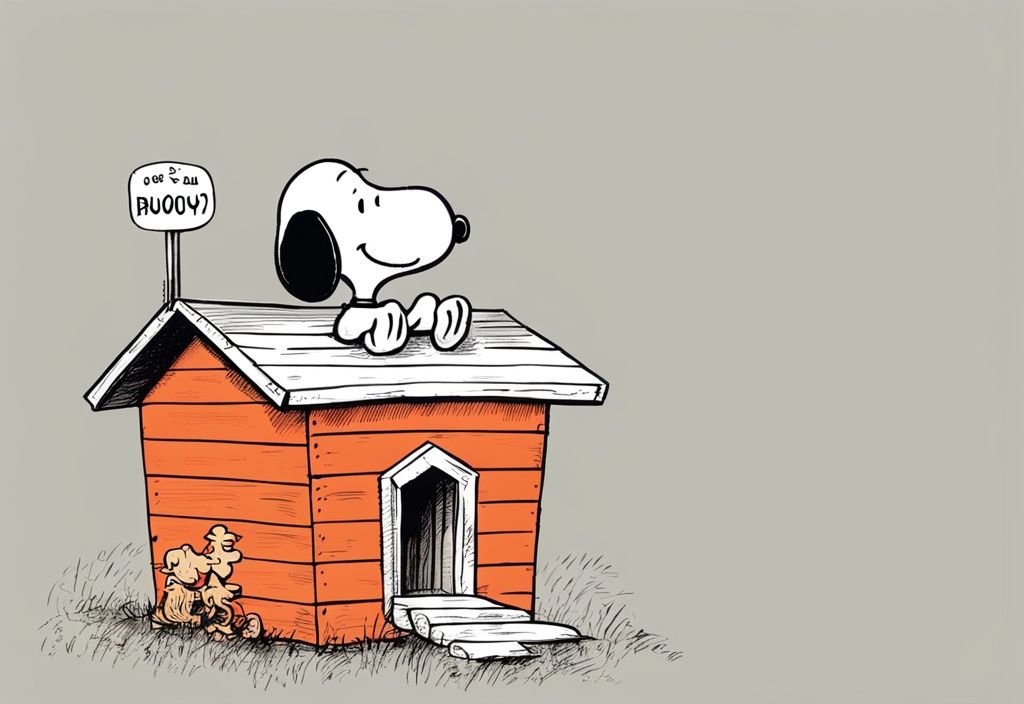 Vintage Illustration von Snoopy auf rotem Hundehäuschen mit humorvollem Zitat auf Holzschild, Hauptfarbe Orange