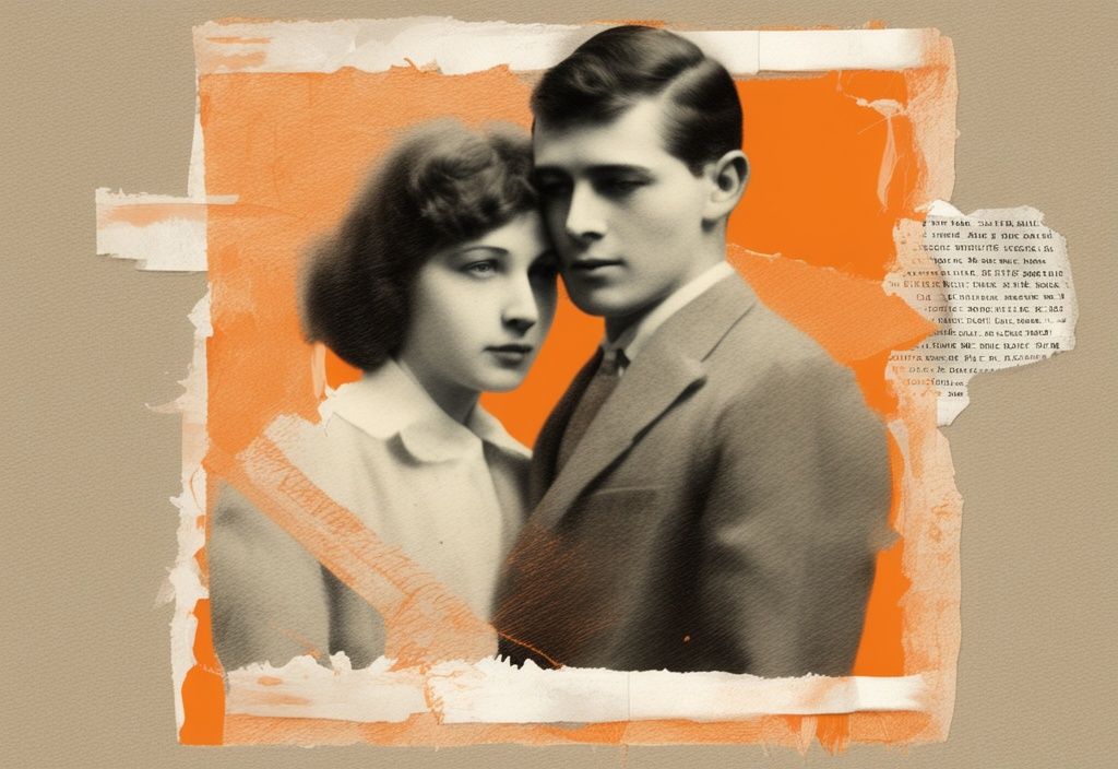 Vintage-Skizzenillustration in Orange, zerrissenes Foto eines Paares, überlagert mit transparenten, scharfen Zitaten, die ein verschmähter Liebhaber einem Ex-Partner senden könnte, Fiese Sprüche für den Ex-Freund zum Nachdenken.