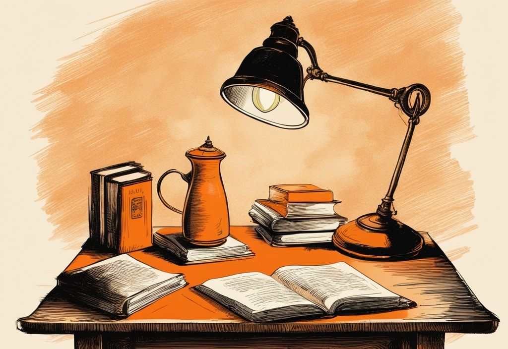 Vintage-Skizze mit orangefarbenem Thema: Offenes, gealtertes Buch mit eleganten Sprüche Latein unter gedämpftem Licht einer Vintage-Schreibtischlampe.