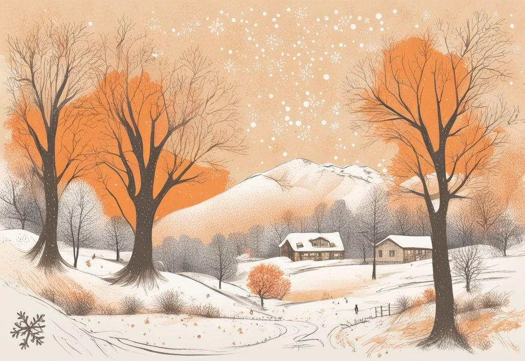 Vintage-Skizze einer verschneiten Landschaft mit Bäumen, orangefarbenes Hauptfarbthema, kurze Winter Sprüche in den sanft fallenden Schneeflocken.