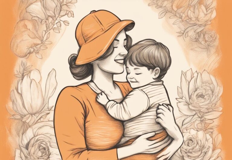 Vintage-Illustration in Orange: Eine lächelnde Mutter umarmt ihren Sohn, mit einem Zitat über mütterlichen Stolz, Liebe und Positivität im Hintergrund, kurze stolze Mama Sohn Sprüche.