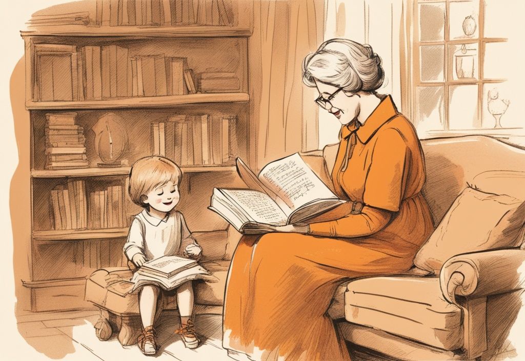 Vintage-Skizzenillustration in Orange: lächelnde Tante liest einem Kind in gemütlicher Atmosphäre ein Buch vor, begleitet von inspirierenden Zitaten.