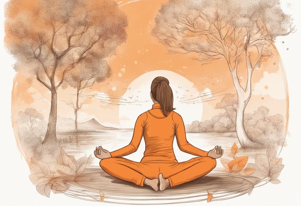 Vintage-Skizzen-Illustration eines Yoga-Praktizierenden in einer ruhigen Outdoor-Umgebung mit schwebenden Weisheit Yoga Sprüchen, Hauptfarbthema Orange.