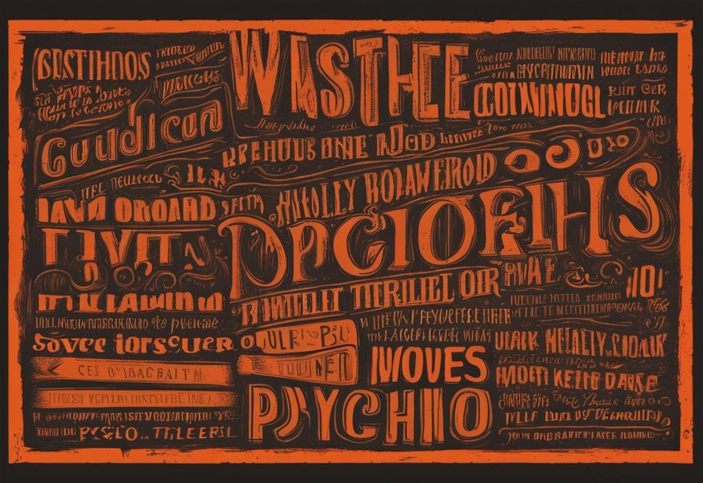 Vintage-Skizzenillustration mit orangefarbenem Thema, zeigt berüchtigte Zitate aus beliebten Psycho-Thriller-Filmen in stilvollem typografischem Design auf dunklem, grungigem Hintergrund.