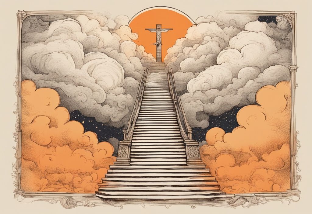 Vintage-Illustration eines friedlichen, wolkengefüllten Himmels mit einer leuchtenden Treppe, umgeben von schwebenden Zitaten über Himmel und Tod, in orangefarbenem Farbschema.