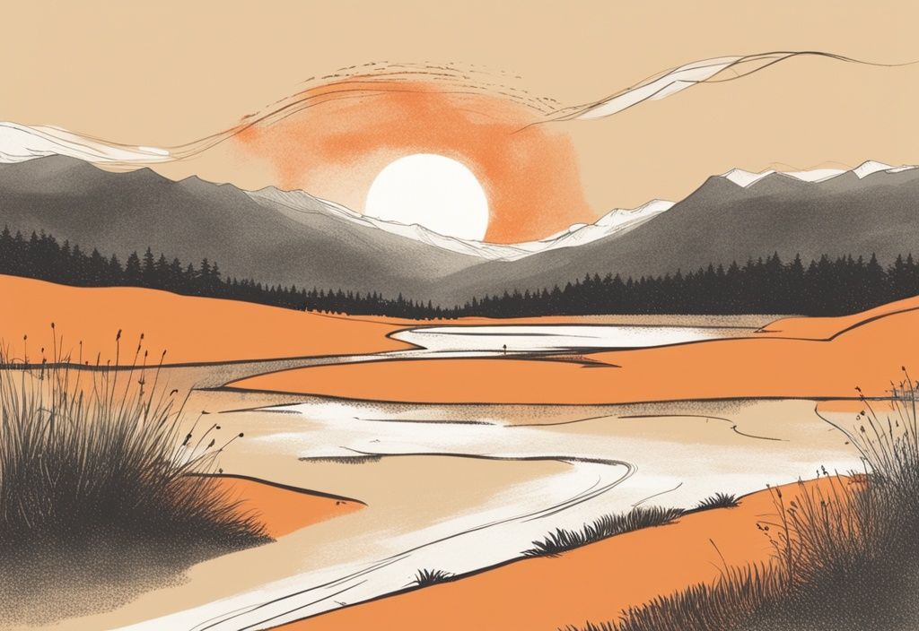 Vintage Skizzenillustration, orange Farbthema, friedliche Landschaft, ruhiger Sonnenaufgang, minimalistischer Text, bedeutungsvolles Zitat über den Sinn des Lebens