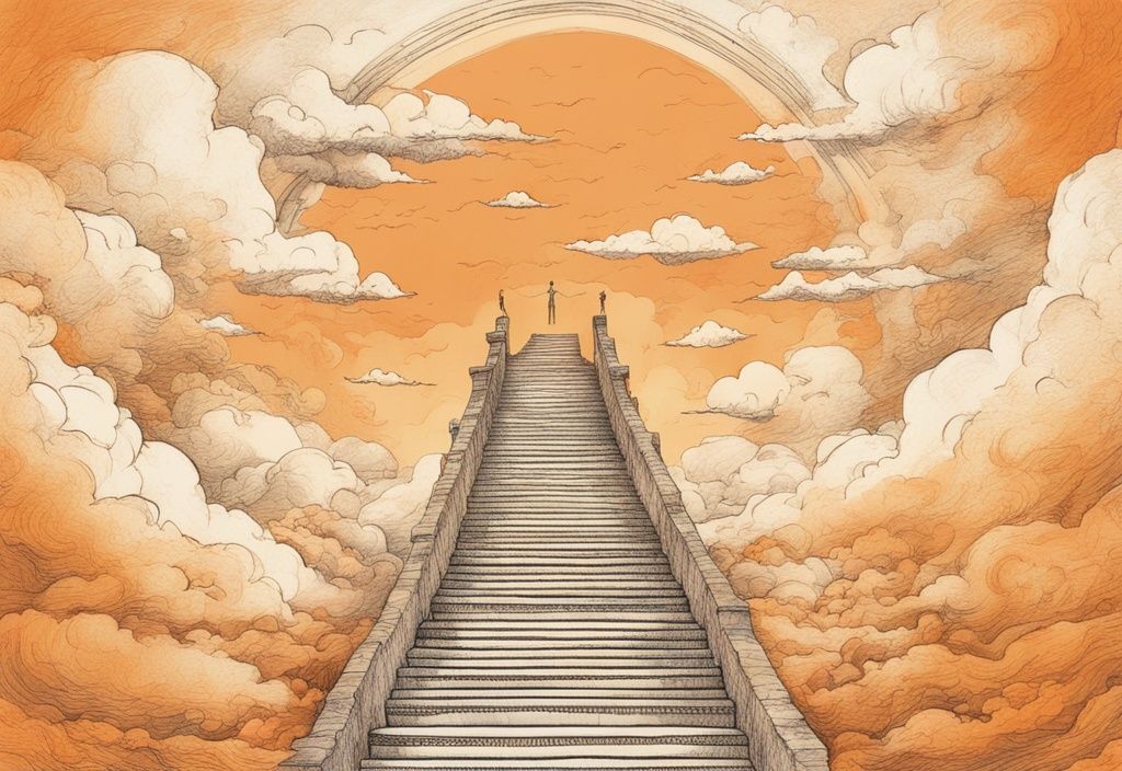 Vintage-Skizzenillustration eines friedlichen Himmels mit leuchtender Treppe, umgeben von schwebenden Zitaten über Himmel und Tod, in orangefarbenem Farbschema.