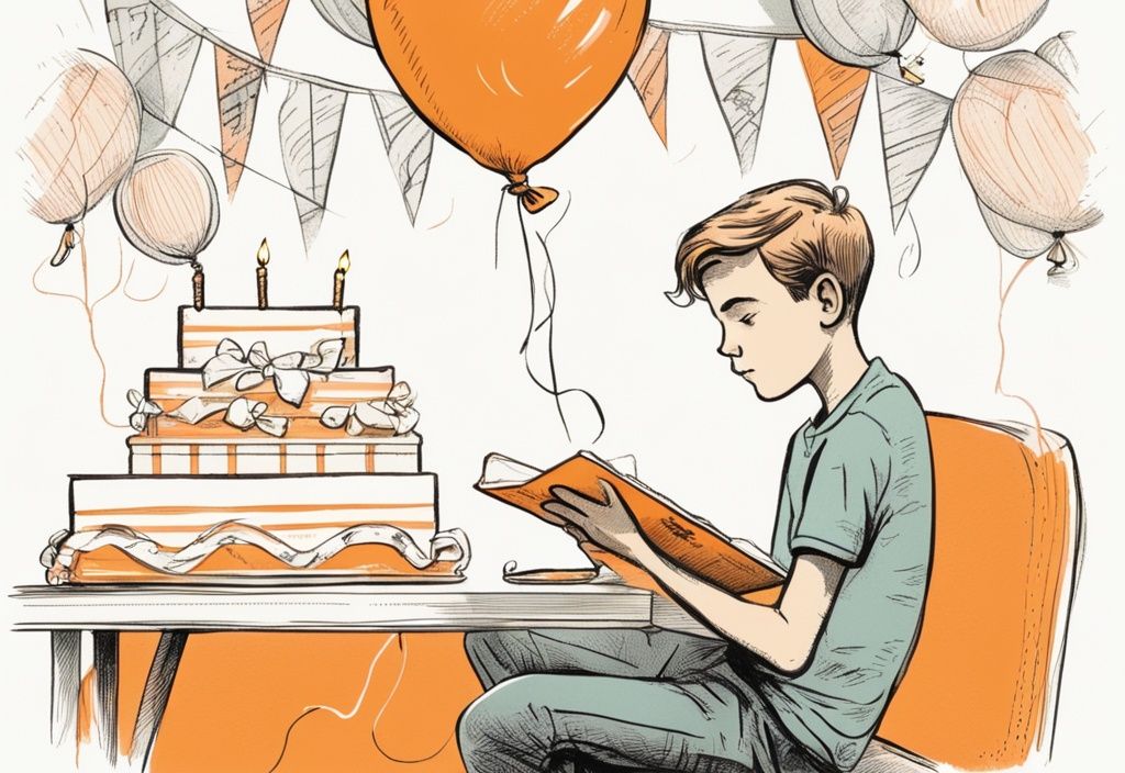 Vintage-Skizze eines nachdenklichen 14-jährigen Jungen, der Geburtstagszitate auf bunten Ballons, Paketen oder Kuchen liest, Hauptfarbe Orange