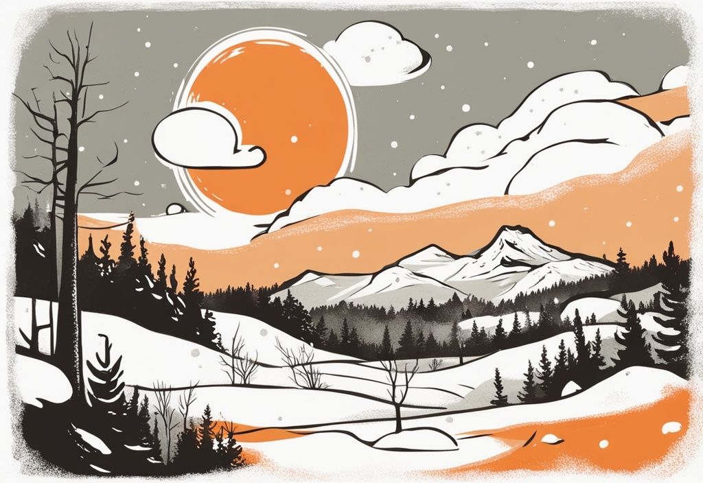 Vintage-Skizze einer schneebedeckten Landschaft mit orangem Farbschema und einem Zitat über den Winter in einer Sprechblase.