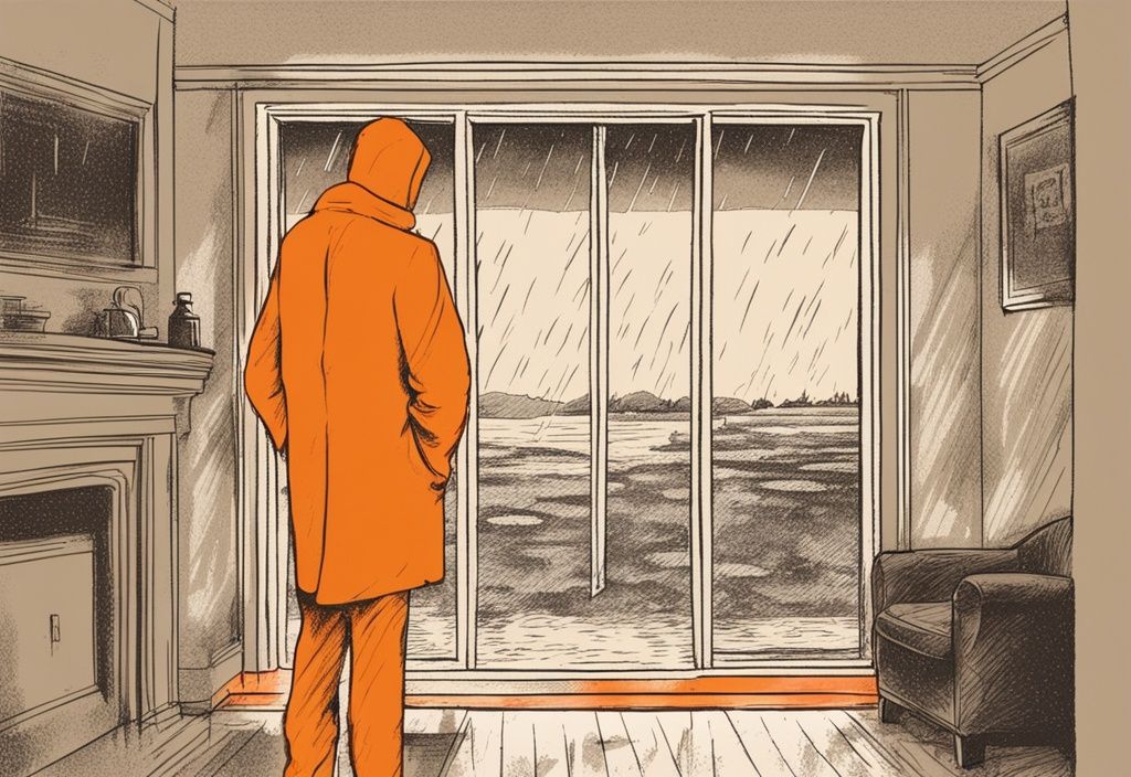 Vintage-Skizze eines einsamen Menschen, der aus einem regennassen Fenster schaut, mit einem Zitat über Einsamkeit, orangefarbene Hauptfarbe.