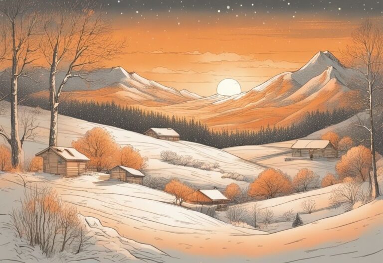 Vintage-Skizze einer verschneiten Landschaft im orangefarbenen Licht des Sonnenuntergangs, mit verschiedenen nachdenklichen Sprüchen Jahresende im Schnee.