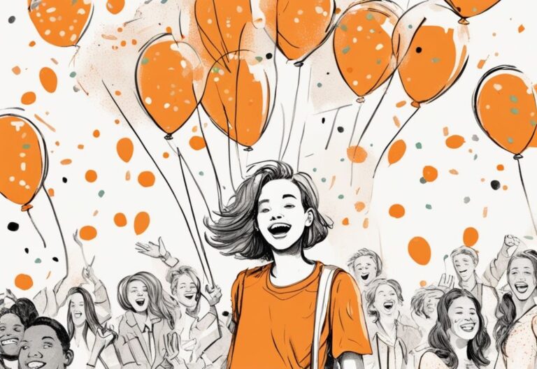 Vintage-Skizzenillustration eines Teenagers mit einem freudigen Gesichtsausdruck, umgeben von bunten Ballons, einer großen "16"-Ballon und verstreutem Geburtstag-Konfetti, mit sichtbarem Text, der beliebte "Endlich 16 Geburtstag Sprüche" zeigt.