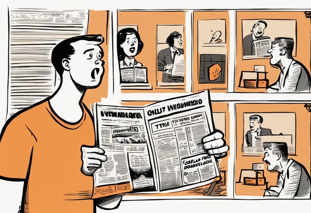 Vintage-Skizze in Orange: Comic-Strip mit drei Rahmen, die eine Person humorvoll auf eine Zeitungsüberschrift zu einem aktuellen Thema reagieren zeigt - Witzige Sprüche zu aktuellen Themen.