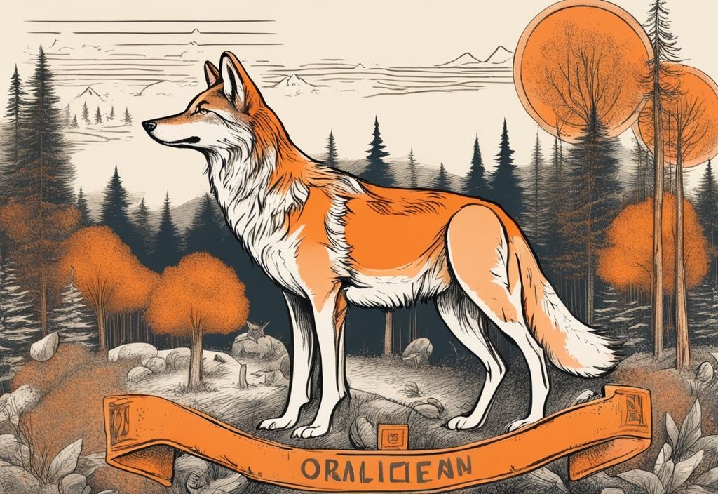 Vintage-Skizze eines weisen Wolfs in einem ruhigen Wald mit beliebten deutschen Weisheitssprüchen, Hauptfarbton Orange.