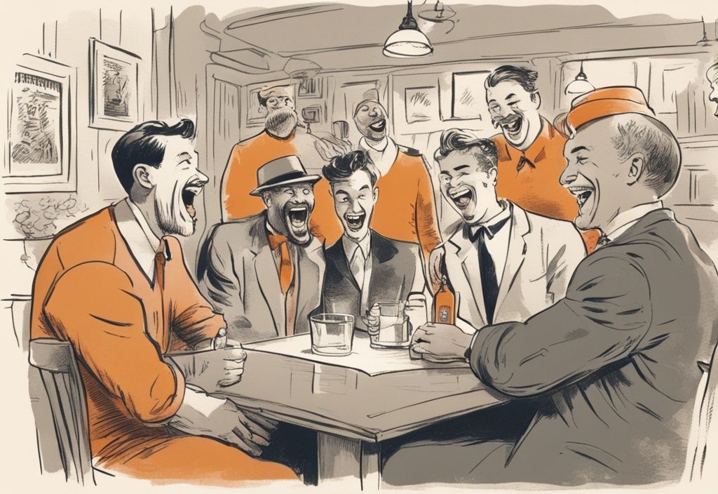 Vintage-Skizzenillustration, diverse Männer lachen zusammen in einer Kneipe, ein Mann liest mit übertrieben überraschter Miene eine Geburtstagskarte, Hauptfarbthema orange