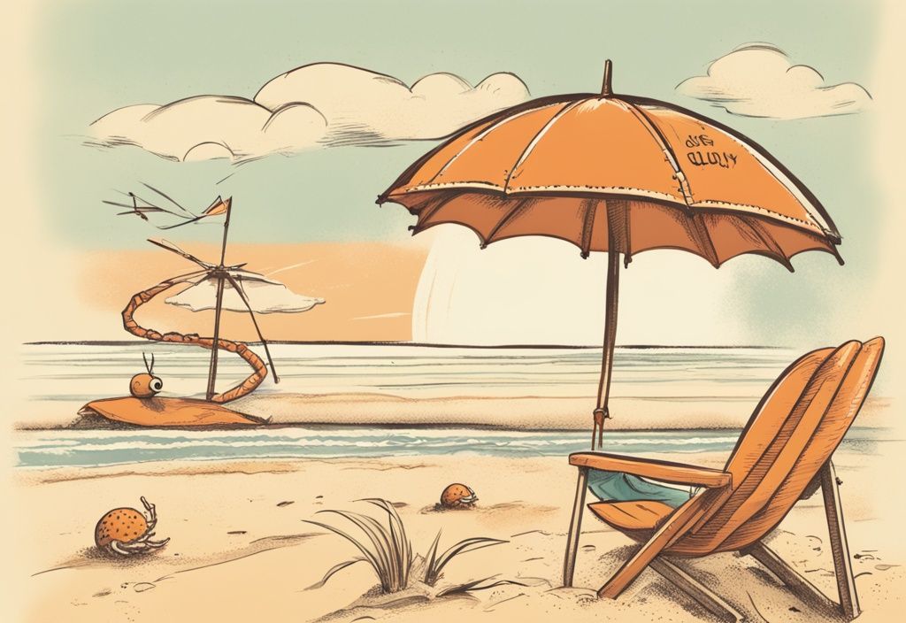 Vintage-Skizzenillustration eines Sandstrandes mit einem bunten Sonnenschirm, einem lustigen Krabben mit einem Schild und einem lachenden Sonnengesicht im Himmel, Hauptfarbthema Orange.