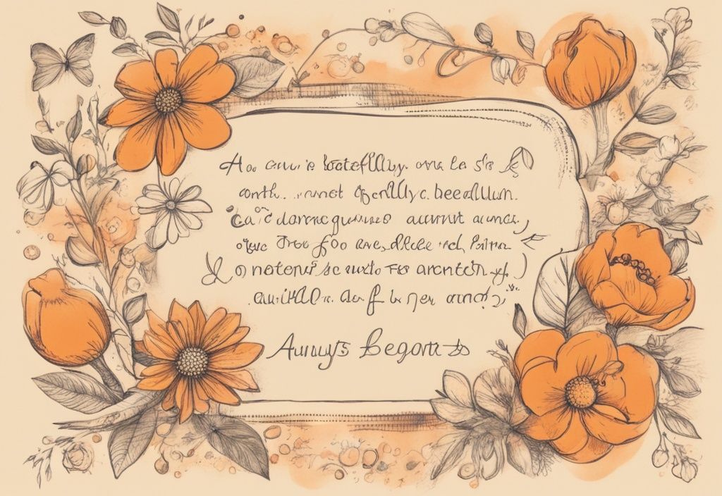 Vintage-Skizzenillustration in Orange mit handgeschriebenem kurzem Zitat über Tanten, verziert mit Blumen und Tante-bezogenen Symbolen, Tante Sprüche kurz.