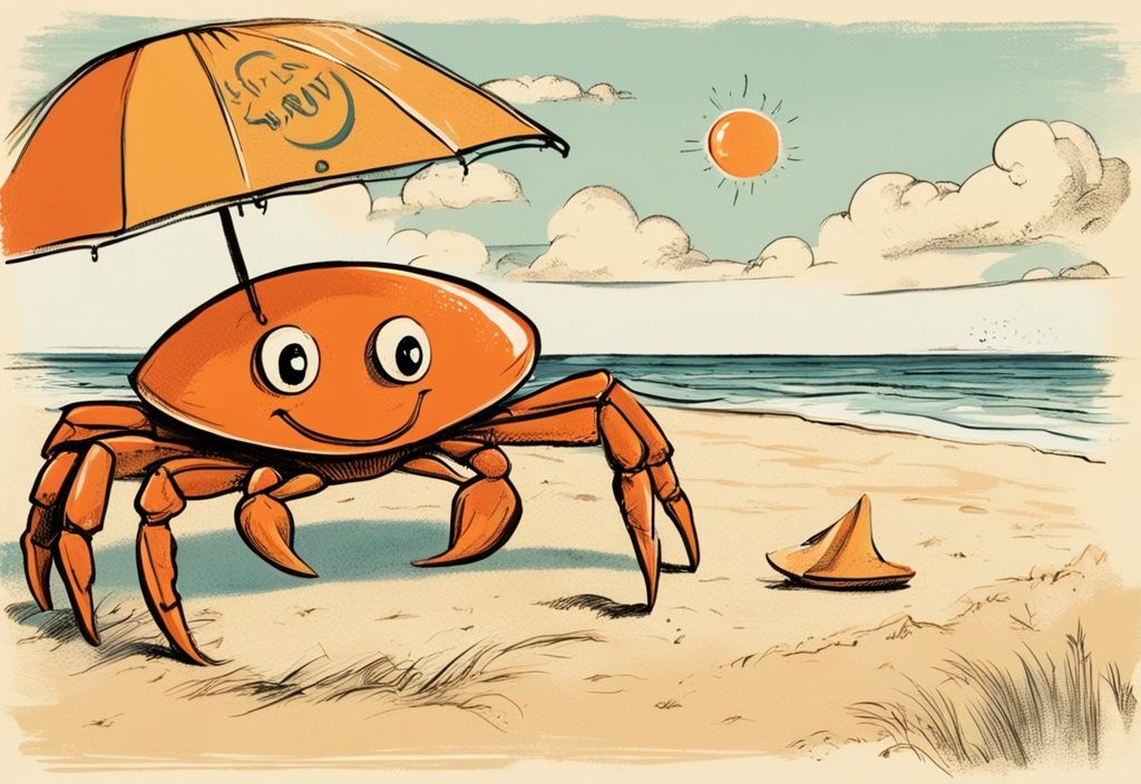 Vintage-Strandillustration mit orangefarbenem Farbschema, einem bunten Sonnenschirm, einem lustigen Krebs mit Schild und einem lachenden Sonnenmotiv im Himmel