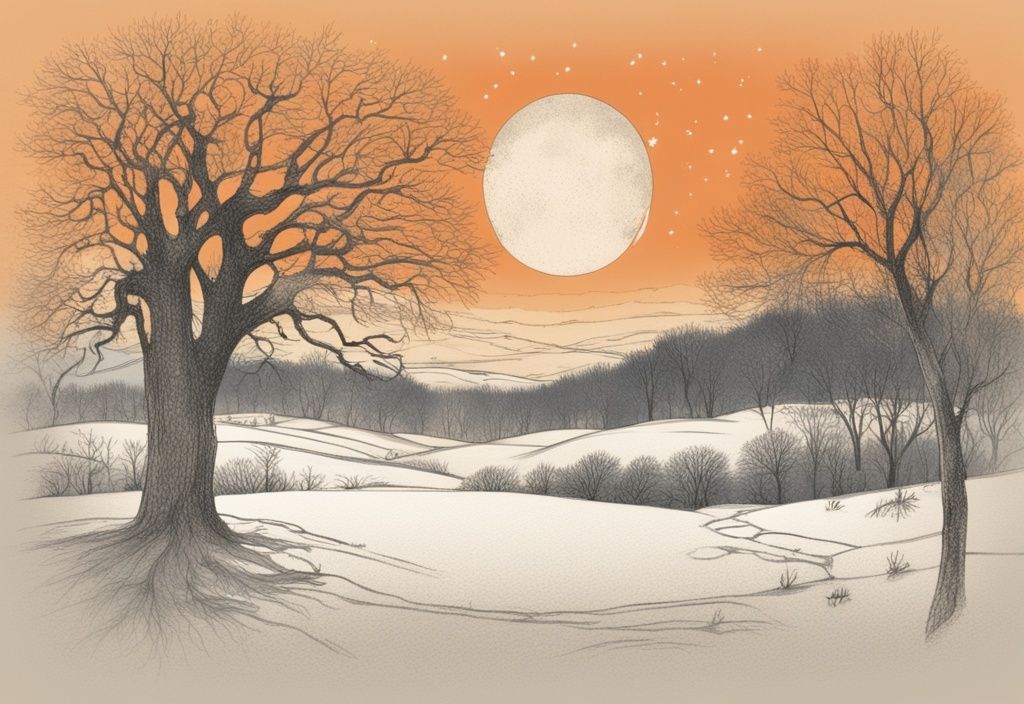 Vintage-Skizzenillustration einer friedlichen Schneelandschaft in der Dämmerung mit einem großen kahlen Baum und einem Wintersonnenwende Sprüche in ätherischer, frostiger Schrift.