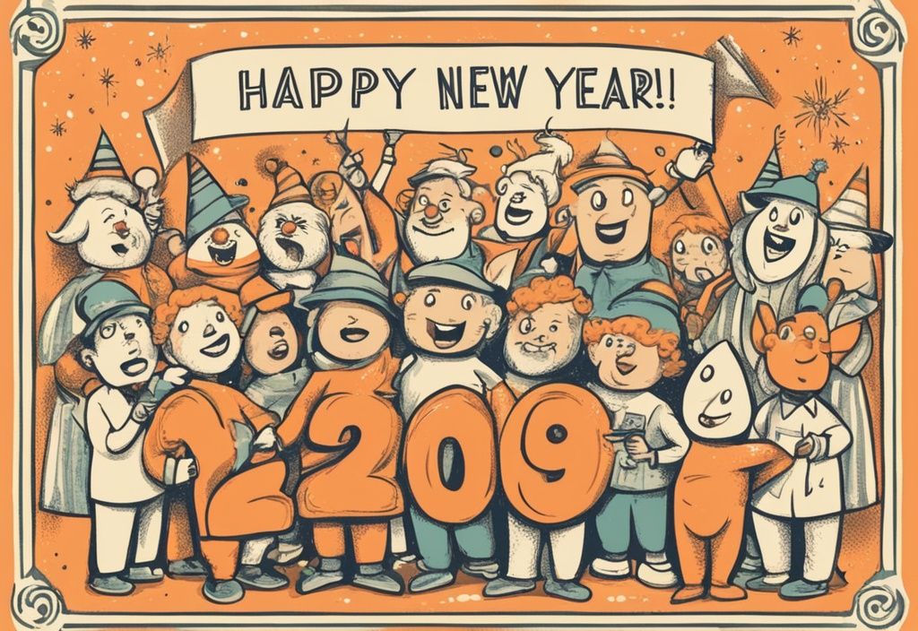 Vintage-Skizzenillustration mit orangefarbenem Thema, bunte cartoonartige Charaktere mit Neujahrszitaten auf Schildern, festlicher Hintergrund