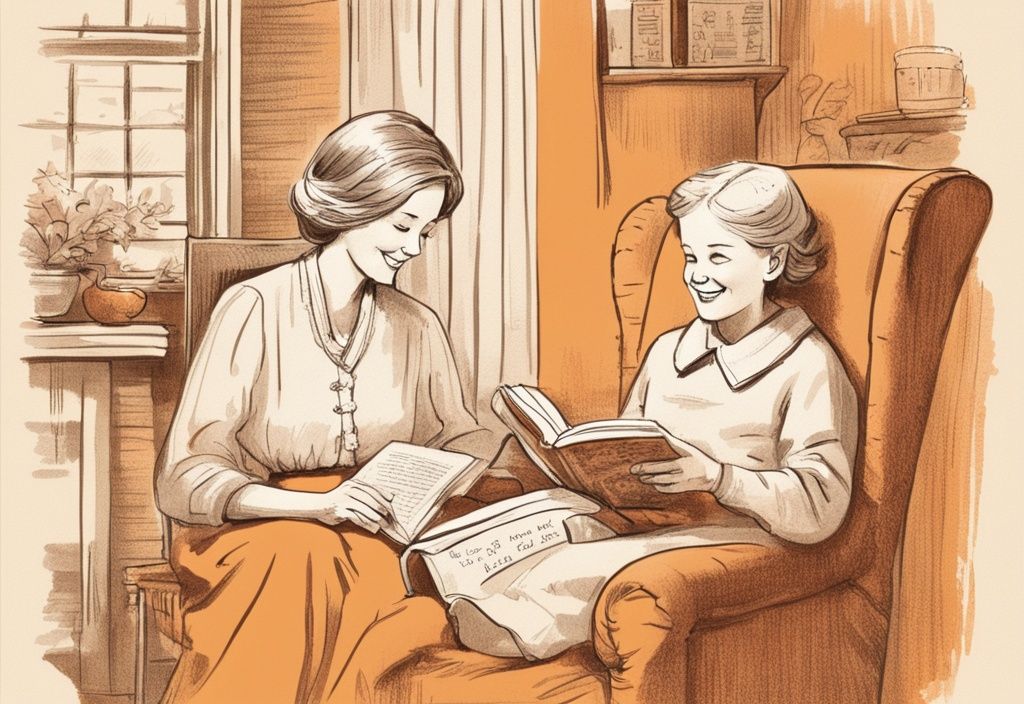 Vintage Illustration einer lächelnden Tante, die einem Kind ein Buch vorliest, in einem gemütlich warm beleuchteten Setting, begleitet von inspirierenden Zitaten