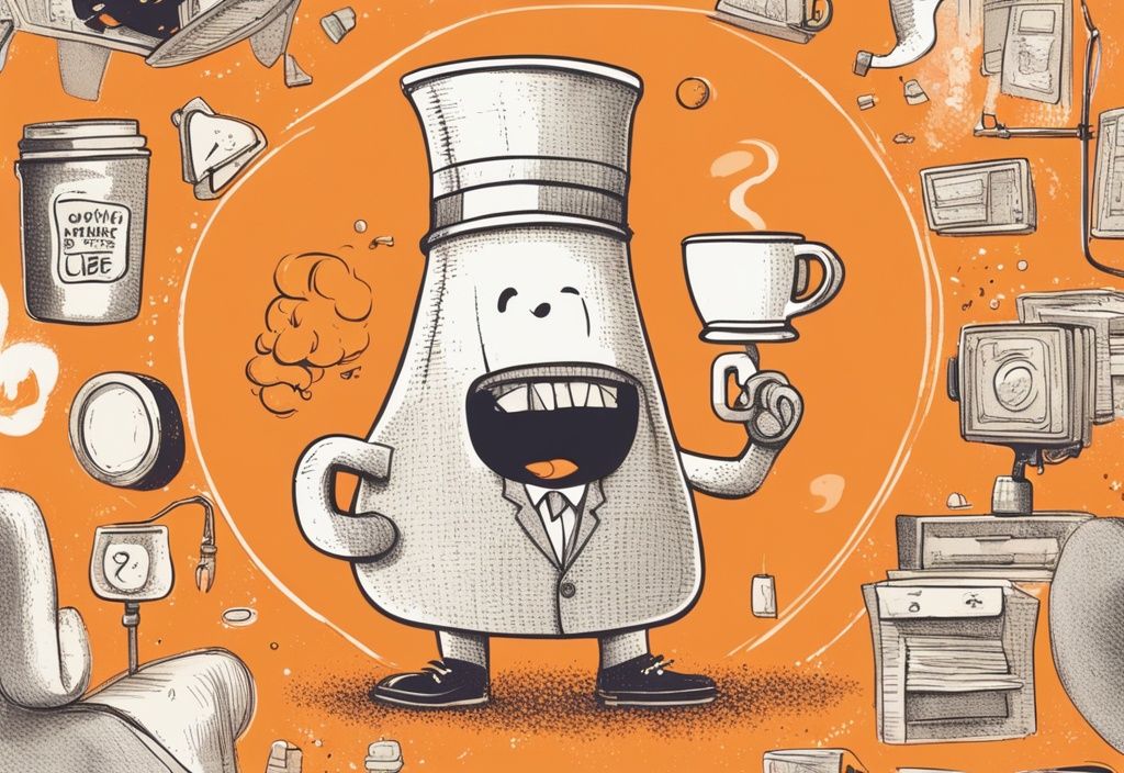 Vintage-Illustration eines coolen Cartoon-Charakters mit einer Tasse und einem sarkastischen Dienstag-Zitat in einer Sprechblase, Hauptfarbe Orange