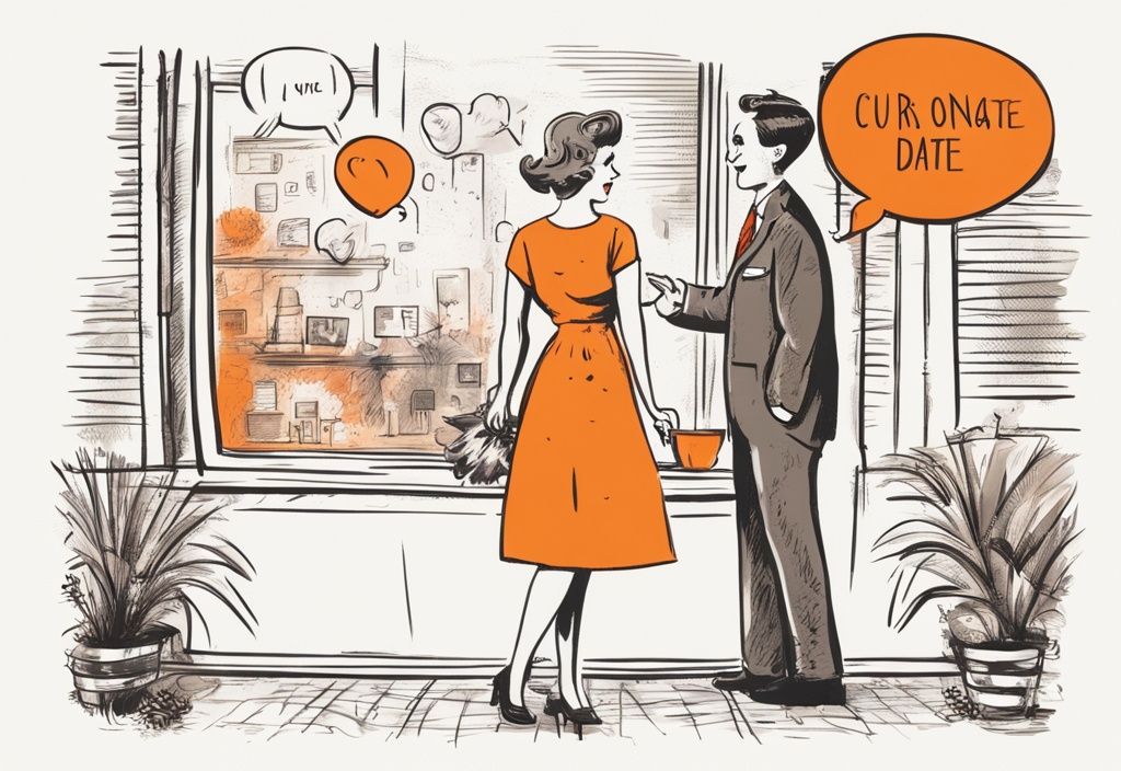 Cartoon-Paar auf einem Date mit humorvollen Sprechblasen, Vintage-Skizze in Orange.