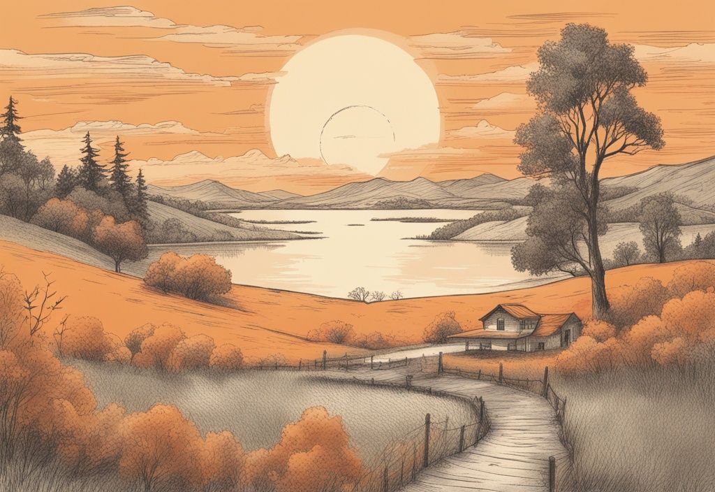 Vintage-Skizzenillustration mit orangefarbenem Thema, zeigt eine ruhige Landschaft mit Sonnenuntergang und inspirierenden Zitaten.