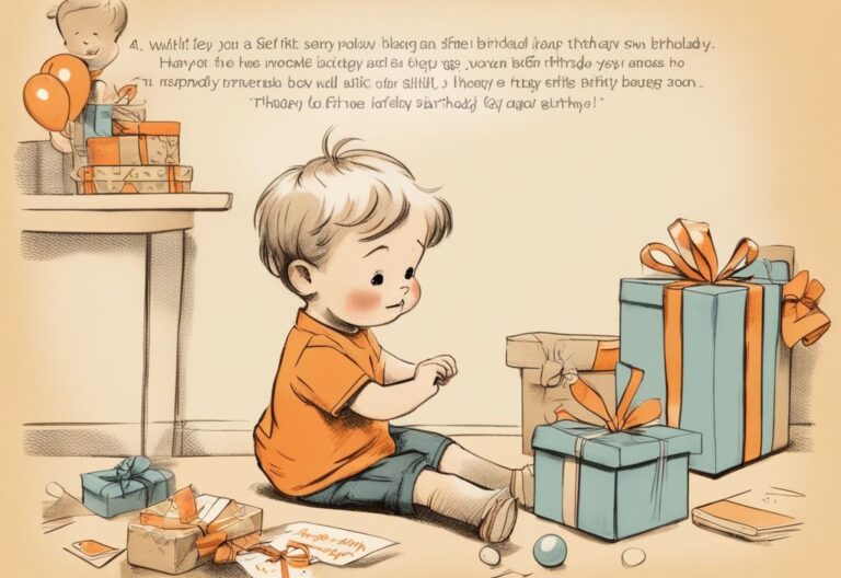 Vintage-Skizze eines fröhlichen 3-jährigen Jungen, der seine Geburtstagsgeschenke öffnet, mit orangefarbenem Thema und überlagerten inspirierenden Sprüchen zum 3. Geburtstag Junge.