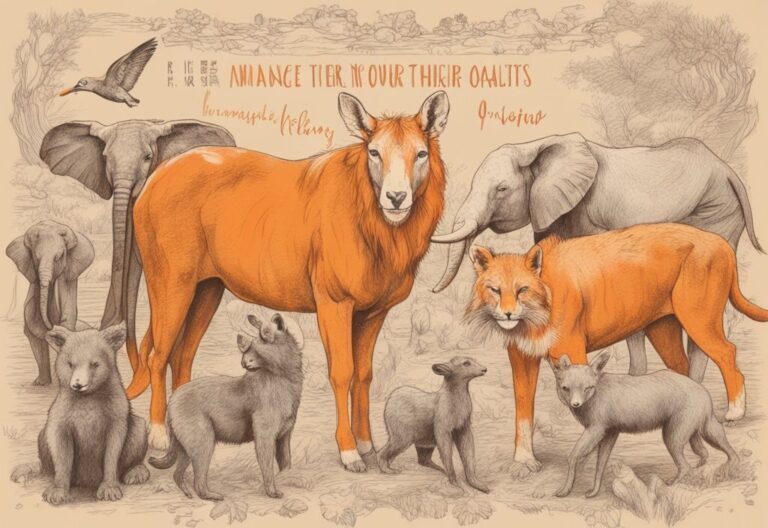 Vintage-Illustration mit orangefarbenem Thema, verschiedene Tiere in harmonischer Interaktion und inspirierenden Sprüchen über Tiere und ihre edlen Eigenschaften, Tiere sind die besseren Menschen Sprüche.