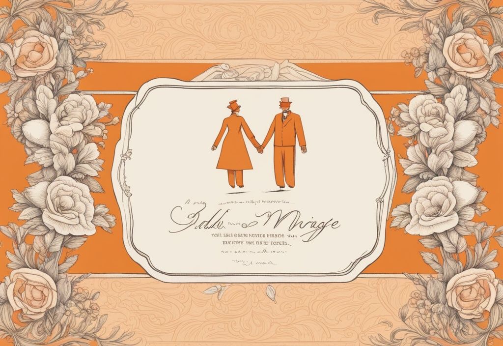 Vintage-Skizze einer Hochzeitskarte in Orange mit einem schönen Zitat über Liebe und Ehe.