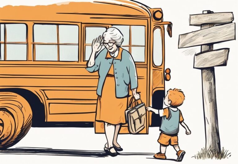 Vintage-Skizzenillustration einer Großmutter, die ihrem Enkel am ersten Schultag mit einem handgeschriebenen Schild mit Einschulung Sprüche von Oma zum Schulbus winkt, Hauptfarbe orange.