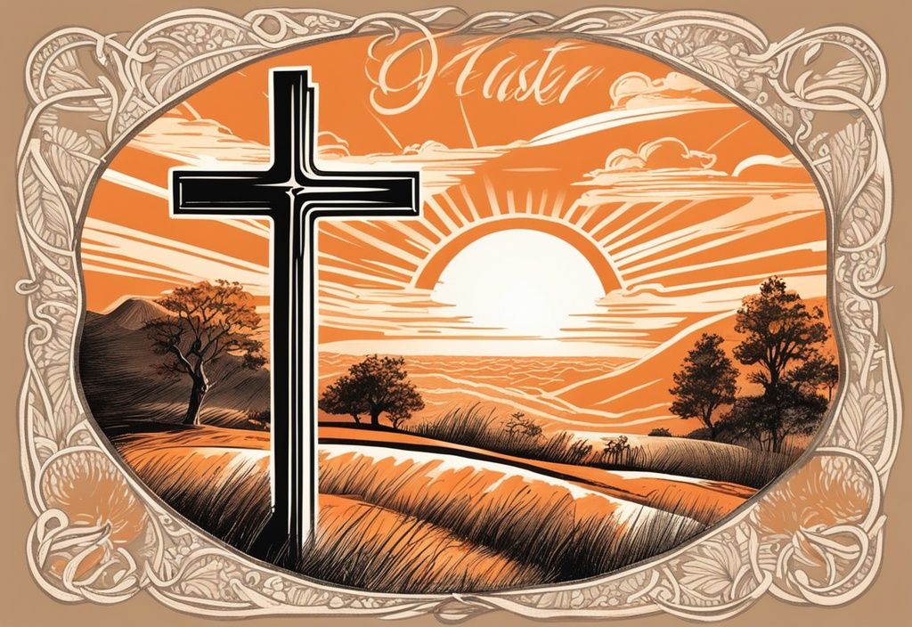 Vintage-Skizze mit orangefarbenem Sonnenaufgang über einer friedlichen Landschaft, einem großen Kreuz im Vordergrund und inspirierenden christlichen Ostern Sprüchen am Himmel.