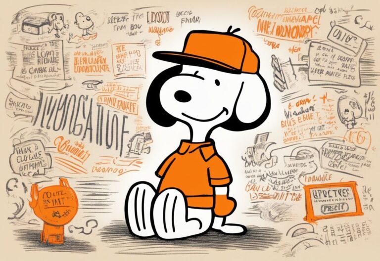 Vintage-Illustration in Orange mit Snoopy aus Peanuts in komischen Situationen und lustigen Sprüchen, Lustige Snoopy Sprüche