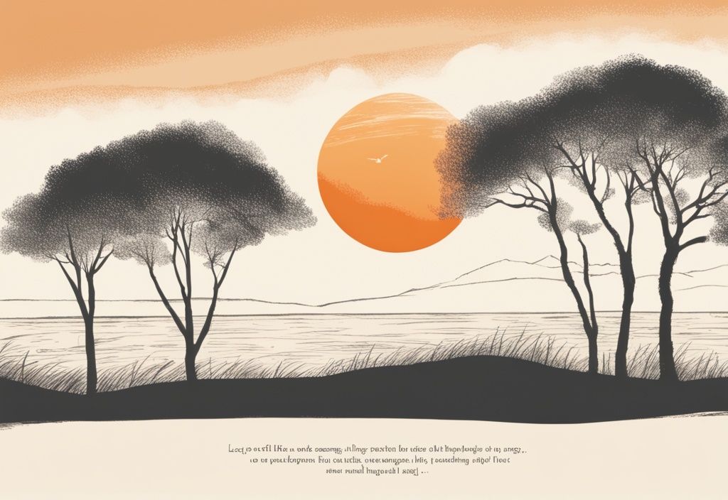 Vintage-Skizzenillustration mit orangefarbenem Thema, ruhige Landschaft mit Sonnenaufgang, minimalistischer Text mit bedeutungsvollem Zitat über den Sinn des Lebens