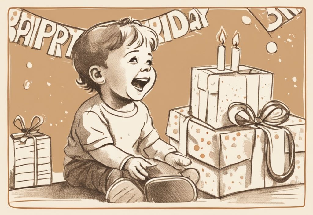 Vintage-Skizzenillustration eines fröhlichen 3-jährigen Jungen, der ein Geburtstagsgeschenk öffnet, mit einem Zitat über seinen dritten Geburtstag in der Luft, orangefarbene Farbgebung