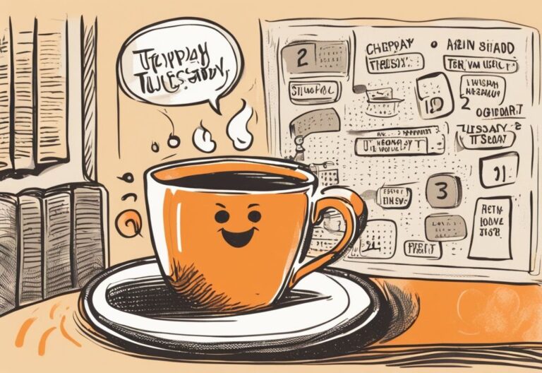 Vintage-Skizzenillustration mit orangefarbenem Thema: Grinsende Cartoon-Kalenderseite schwebt über dampfender Kaffeetasse, mit Sprechblasen voller sarkastische Dienstag Sprüche.