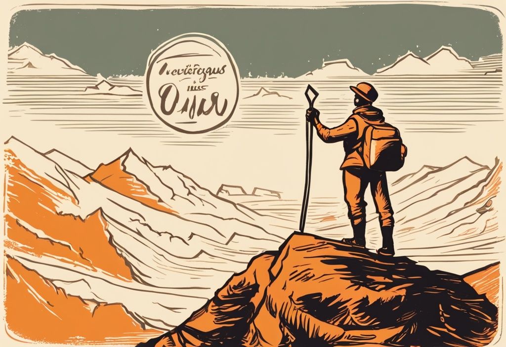 Vintage-Illustration eines siegreichen Mannes auf einem Berggipfel mit einem Nichtraucher-Motivationszitat auf einem Schild, Hauptfarbthema Orange.