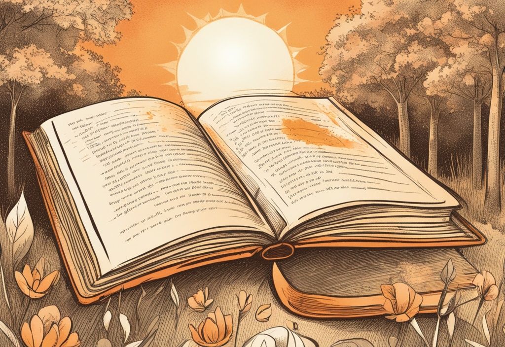 Vintage-Illustration eines friedlichen Outdoor-Szenarios bei Sonnenaufgang mit einem geöffneten Buch und hervorgehobenen glücklichen und dankbaren Zitaten, Hauptfarbthema orange.