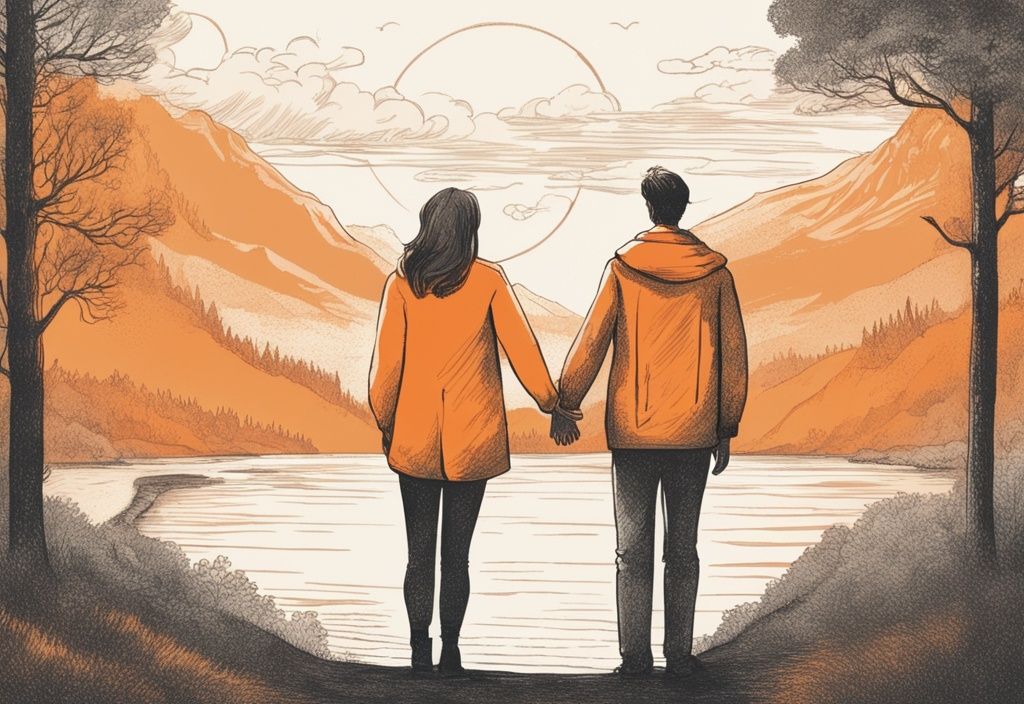 Vintage-Skizzenillustration eines Paares, das Hand in Hand auf einer malerischen Naturlandschaft steht, mit dem Hauptfarbthema Orange und dem Satz "Mit dir an meiner Seite".