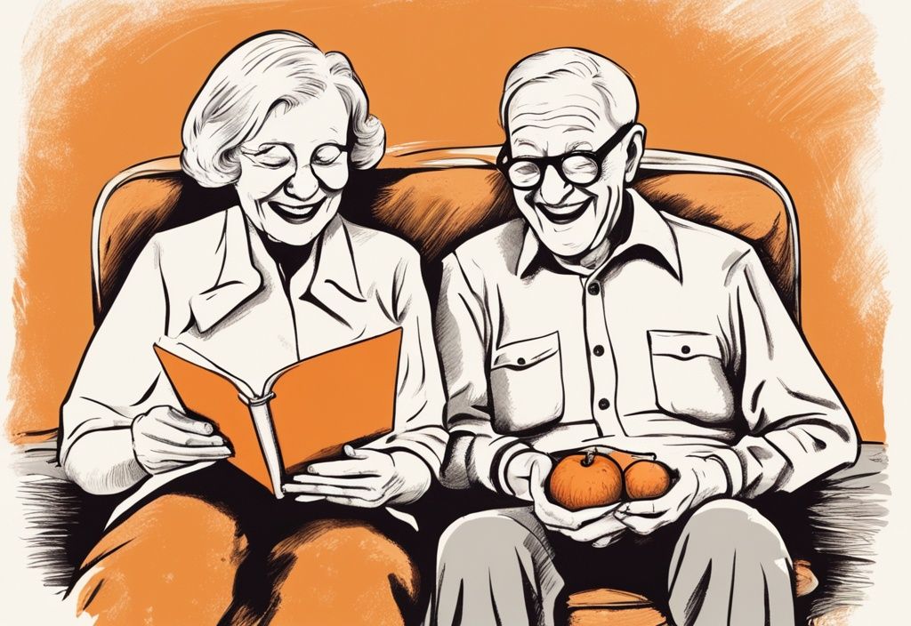 Vintage-Skizzenillustration eines 90-jährigen Mannes und einer Frau, die fröhlich eine große Geburtstagskarte mit kurzen, bedeutungsvollen Zitaten zum 90. Geburtstag lesen, Hauptfarbthema orange.