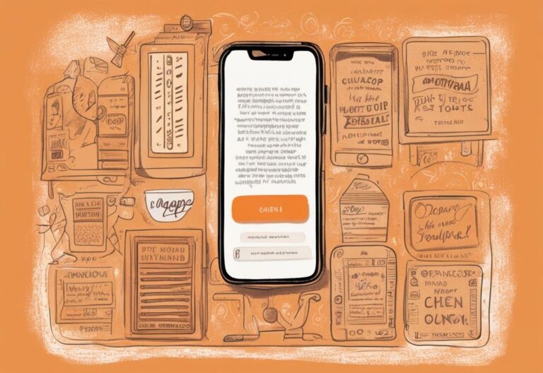 Vintage-Skizze in Orange zeigt Smartphone-Bildschirm mit geöffneter Soulapp, die kostenlose motivierende und inspirierende Soulapp Sprüche präsentiert.