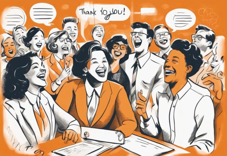 Vintage-Skizzenillustration in Orange, die eine diverse Gruppe von Kollegen im Büro zeigt, die lachen und sich amüsieren, mit Sprechblasen über ihnen, gefüllt mit Sprüche Danke an Kollegen.