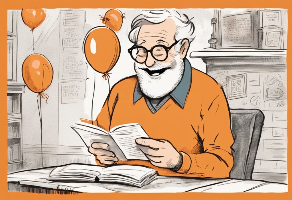 Vintage-Illustration eines grauhaarigen Mannes, der über ein riesiges Geburtstagskarte zum 75. Geburtstag lacht, Hauptfarbe Orange