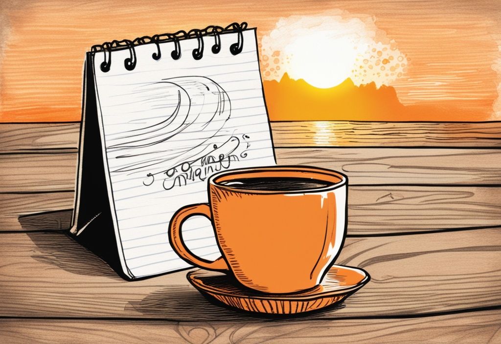 Vintage-Skizzenillustration eines friedlichen Sonnenaufgangs in Orange, im Vordergrund eine dampfende Tasse Kaffee auf einem Holztisch mit einem handgeschriebenen 'Guten Morgen'-Zitat auf einem Haftnotizzettel.