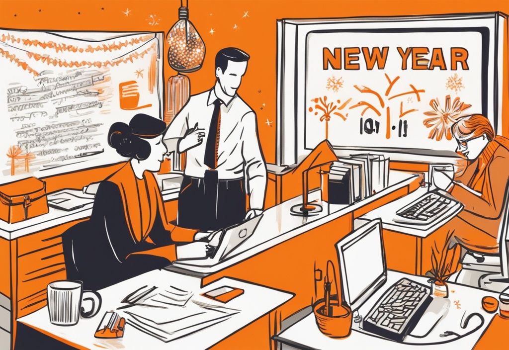 Vintage-Skizzenillustration eines lebhaften Büro-Szenarios in Orange, wo Kollegen Neujahrsbotschaften austauschen; im Hintergrund festliche Dekorationen und ein leuchtender Computerbildschirm mit Neujahrsnachricht.