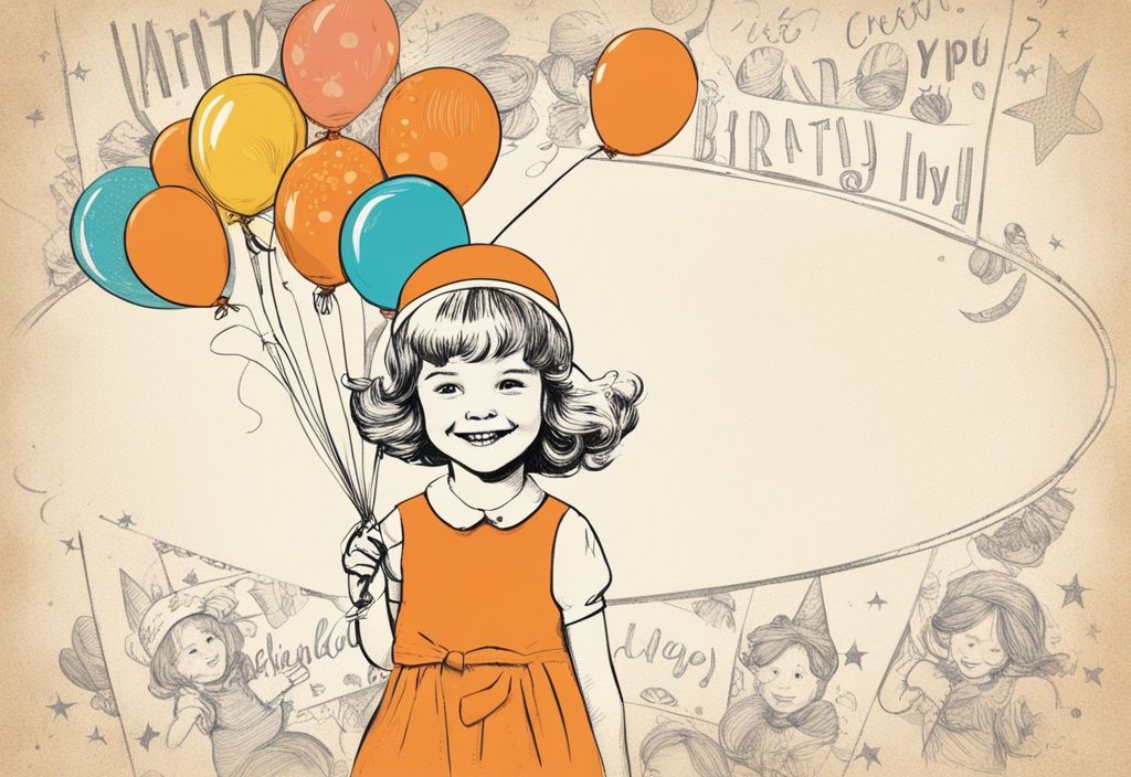 Vintage-Skizze eines strahlenden Mädchens mit Partyhut und bunten Luftballons, umgeben von kreativen Geburtstag Mädchen Sprüche im Hintergrund, Hauptfarbe Orange.